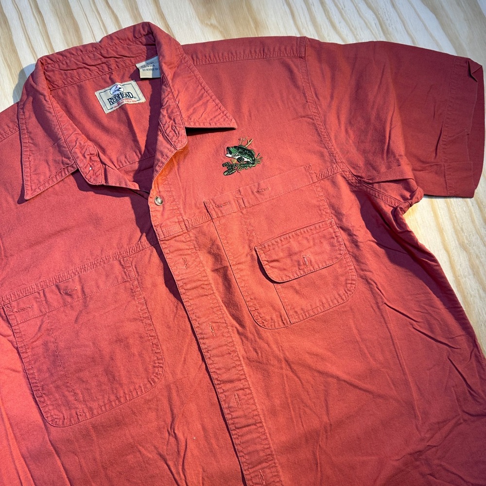 RedHead Mens Large faded Orange Bass Fishing Embroidered Cotton Button Down